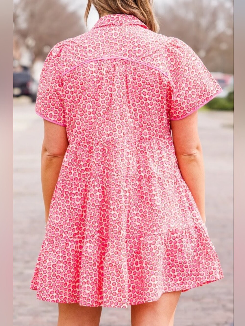 Umgee Pink Printed Collared Tiered Mini Dress - Picture 4 of 16